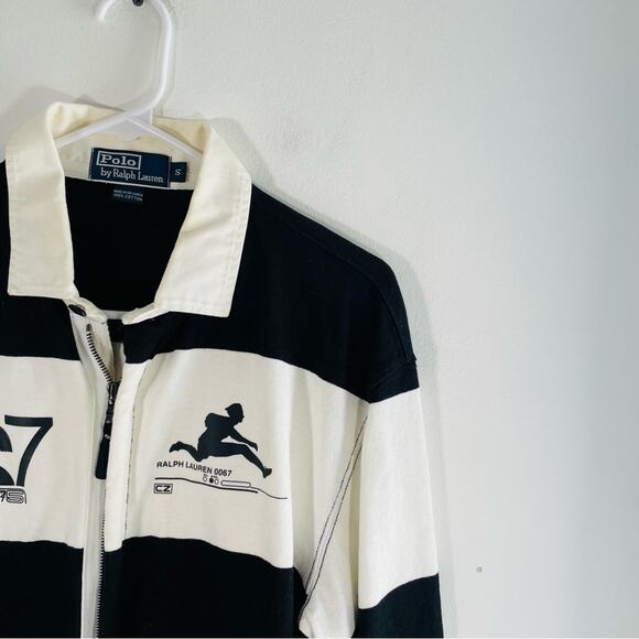 Vintage Polo Ralph Lauren White Black Stripe 67 Hurdles Rugby Zip Jacket Small - Picture 5 of 8